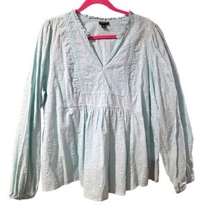 Torrid Size 2 Blue Clip Dot Mixed Eyelet Yoke Detail Long Sleeve Blouse